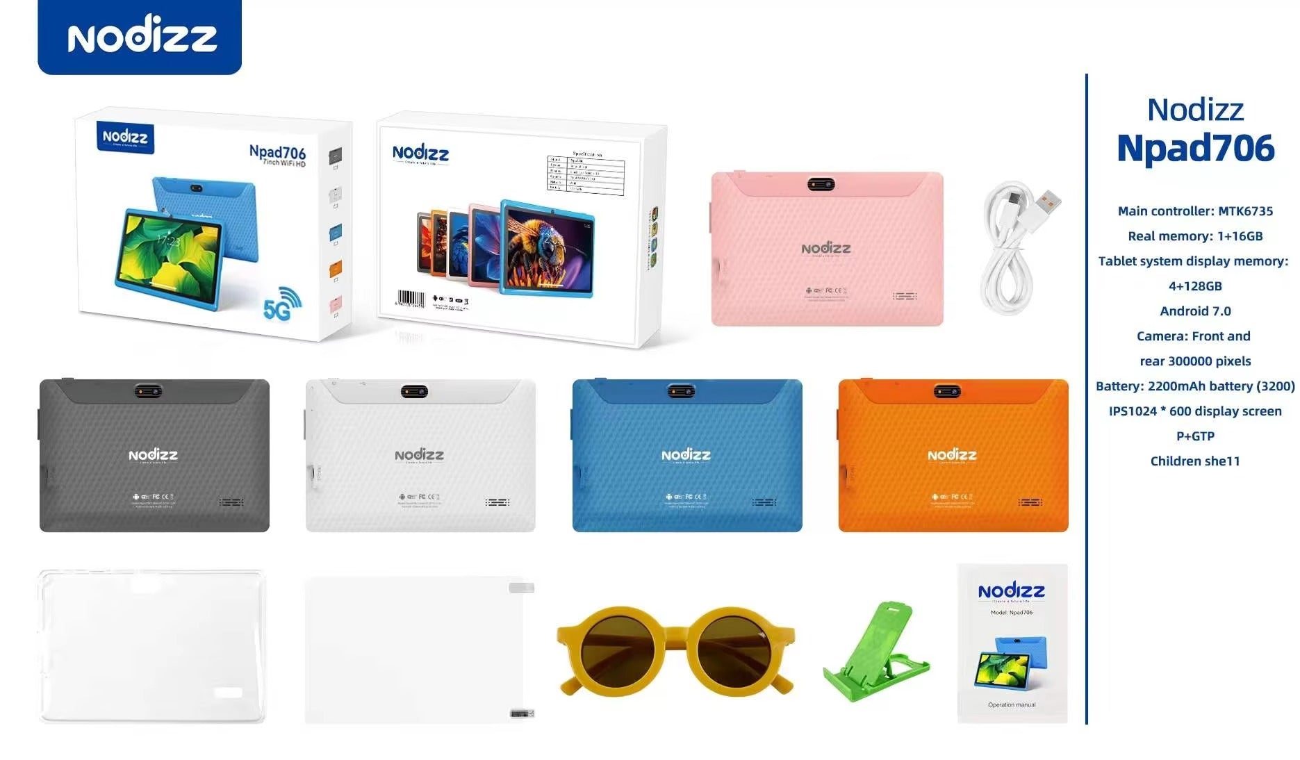 NODIZZ 7" NPad 706 Kids Tablet – WiFi, 4+128GB, 3200mAh 🔋